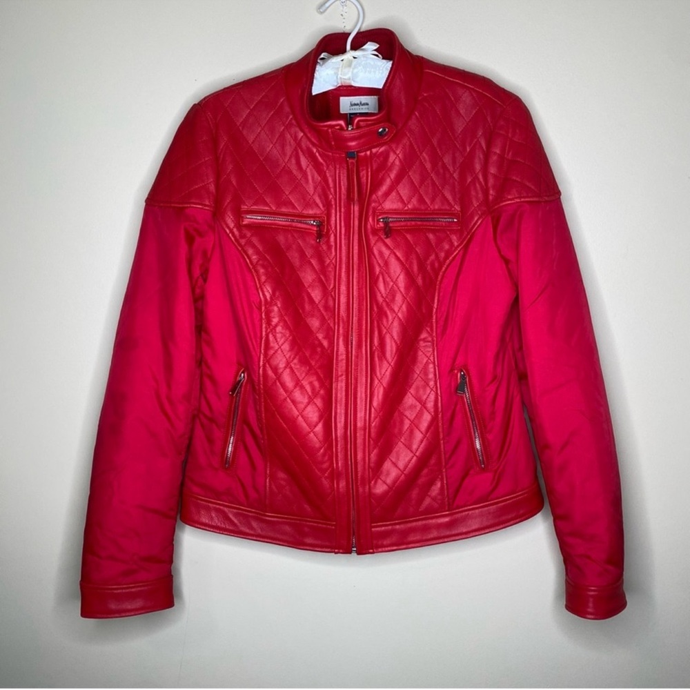 Neiman Marcus Red Quilted Leather/Nylon Moto Bomber Jacket Sz L